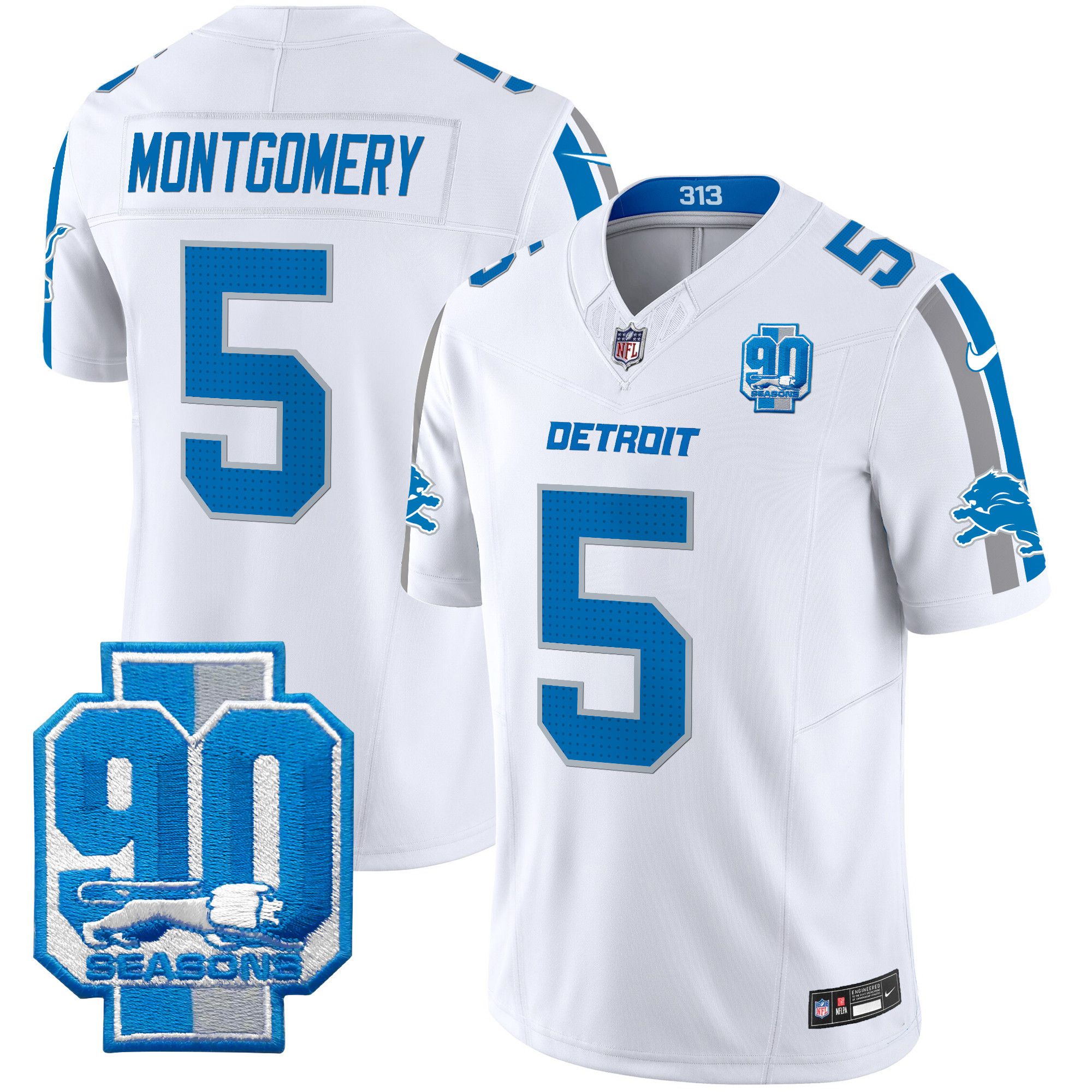 Men Detroit Lions #5 Montgomery White 2024 Nike 90th Year Patch Vapor Limited NFL Jersey